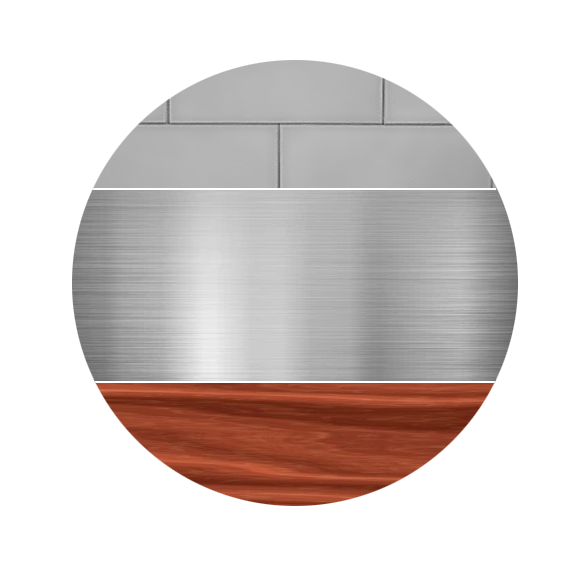 A circle with wood, steel, and tile to show case the different levels of trim you can choose for your trailer